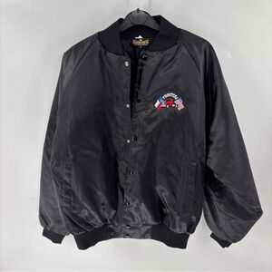 Vintage tractor trailer Black satin Bomber Jacket with Embroidered Patch Mens L